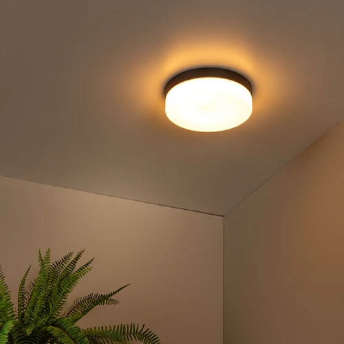 Lucide BISKIT - Plafonnière Badkamer - Ø 28 cm - LED - 1x18W 2700K - IP44 - Bewegingssensor - Zwart - sfeer 1